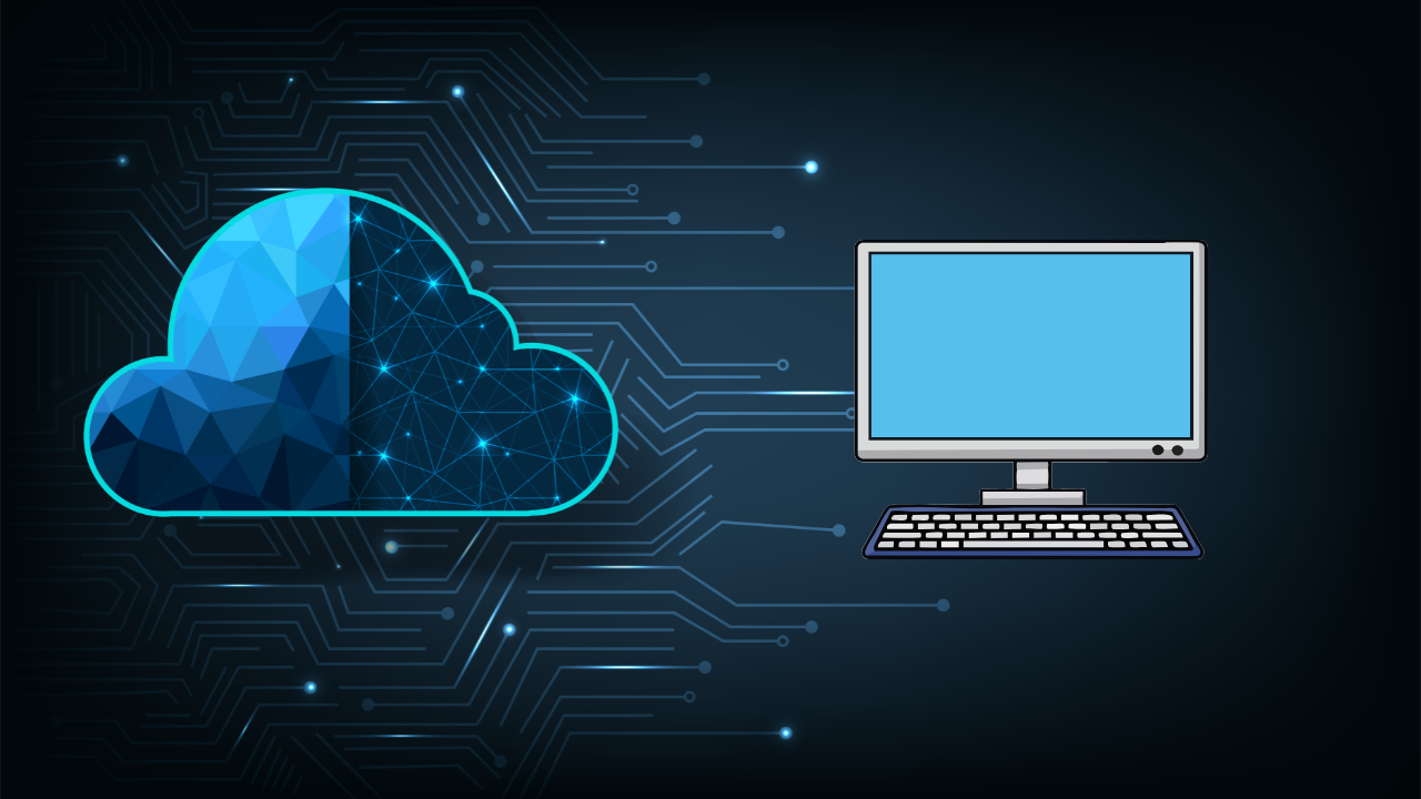 An illustration of a glowing geometric digital cloud network connected to a desktop computer monitor, explaining what are cloud computing services for a complete beginner's guide.
