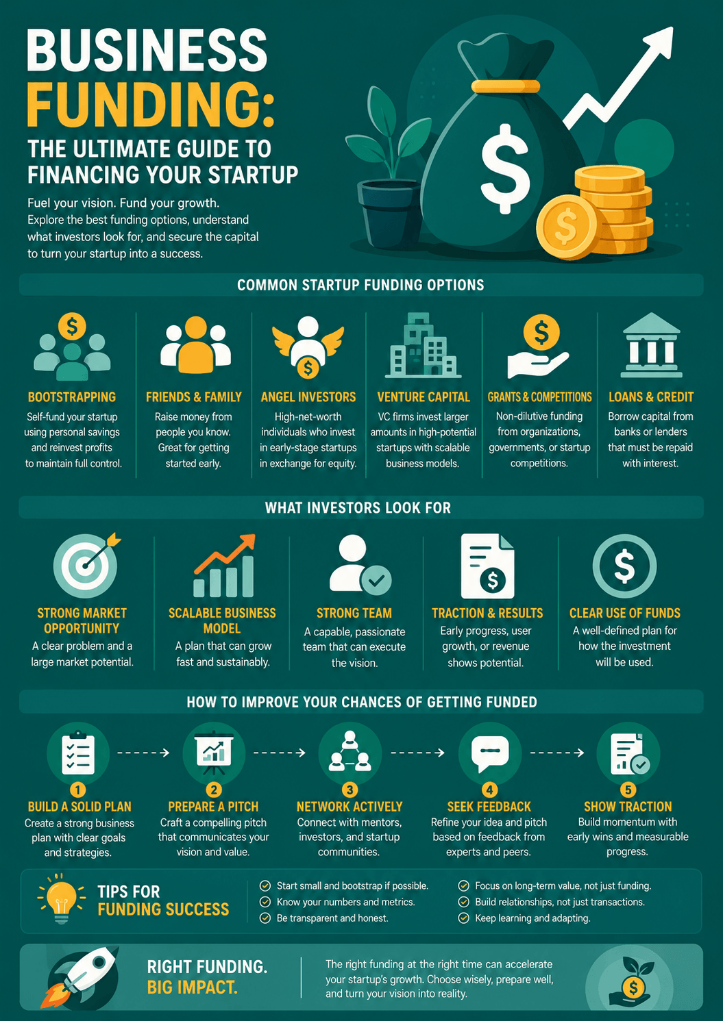 An infographic outlining business funding and the ultimate guide to financing your startup, highlighting common funding options, investor criteria, and a five-step funding checklist.