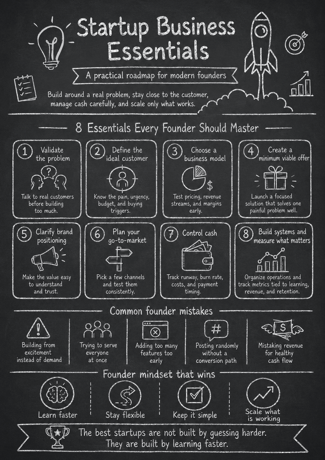 A chalkboard infographic outlining startup business essentials and a practical roadmap for modern founders, detailing core steps, common mistakes, and winning mindsets.