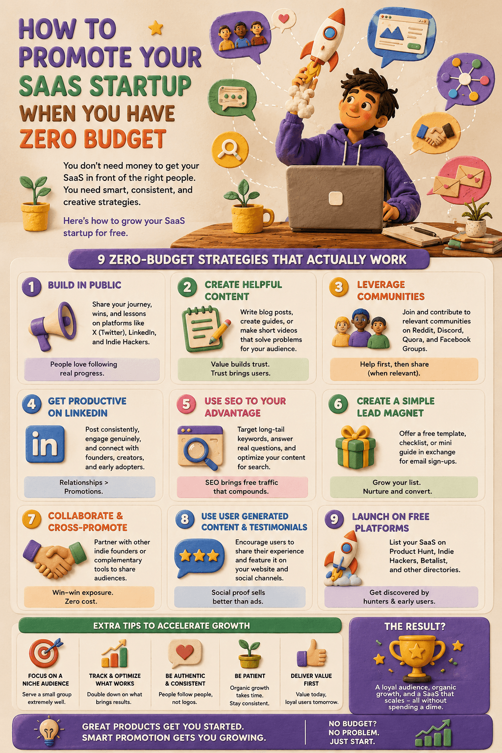 A 3D claymation-style marketing infographic detailing How to Promote Your SaaS Startup When You Have Zero Budget, illustrating nine organic growth strategies, bootstrapper platform launches, and digital community building techniques.
