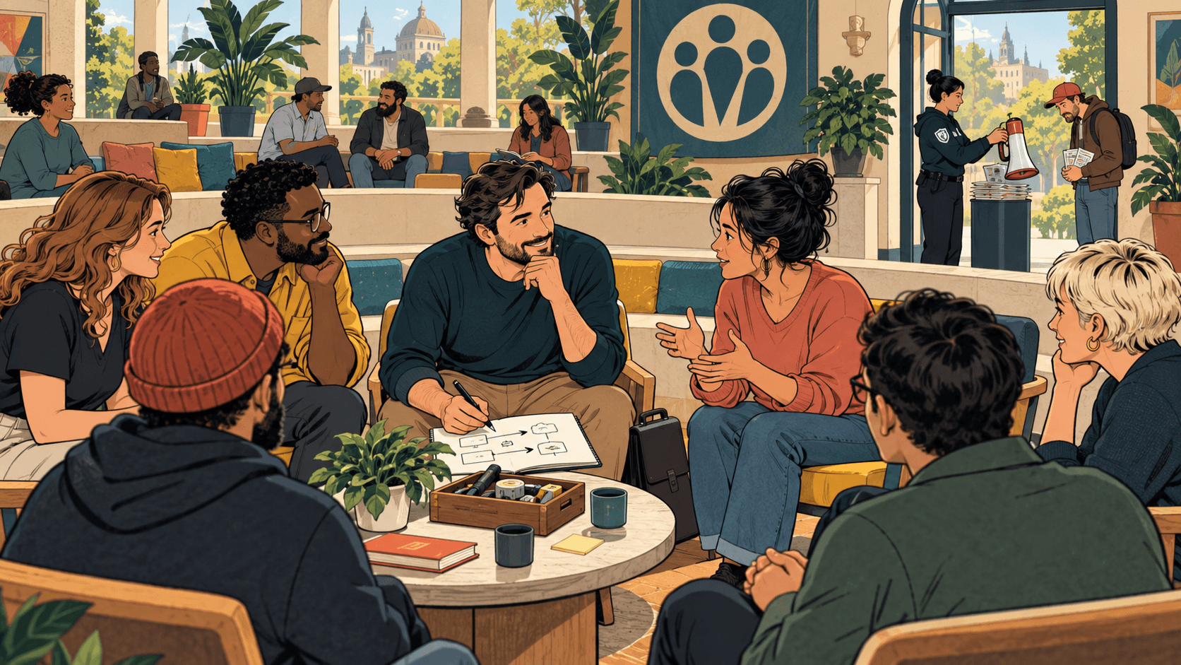 Ligne claire illustration of a SaaS founder helping community members while a moderator stops aggressive promotion.